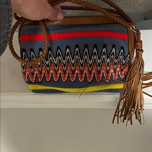 Tory Burch Multicolor Embroidered Zigzag Clutch EUC